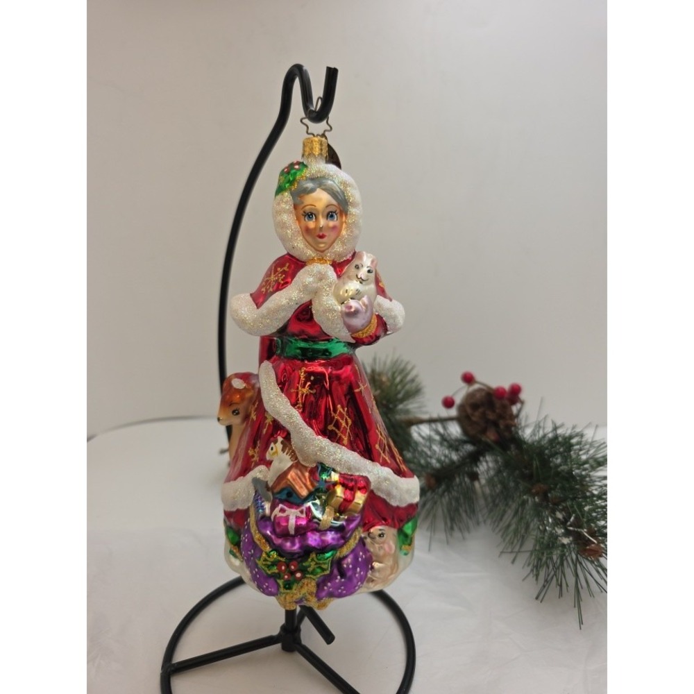 Christopher Radko Mrs Claus Woodland Animals Gifts 7.5" Glass Christmas Ornament